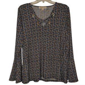 Michael Michael Kors Brown Floral Stretch Boho Bell Sleeve Tunic Top Sz XL